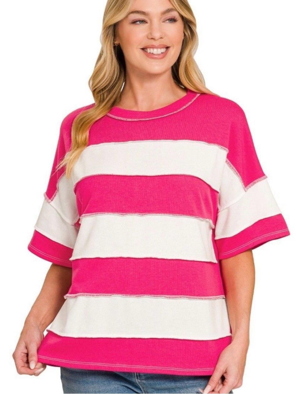 NWOT Zenana French Terry Color Block Stripes Exposed Seam Tee Size M